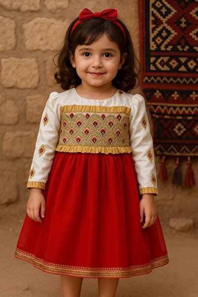 La reina petite Larina Petite red beaded and embroidered folk dress for special occasions