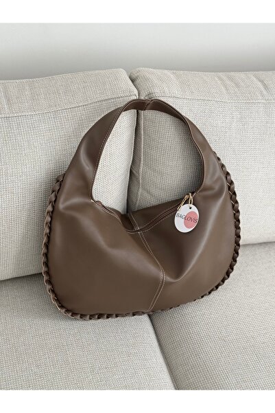 BAGLOVİS Big Slack Dark Beige Women's Shoulder Bag with Knitted Edges and Single Strap En43 Boy27