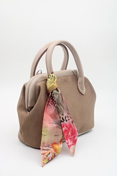 LASSO Women's Beige Suede Scarf Detailed Snap Closure Lined Hand, Arm and Shoulder Bag