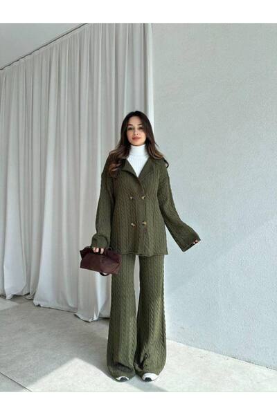 Narstorm Women's Braided Khaki Knitwear Buttoned Jacket Set