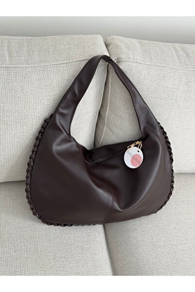 BAGLOVİS Braided Edges Single Strap Large Casual Brown Women's Shoulder Bag En43 Boy27