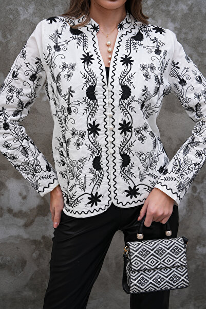FancyWorld Black and White Cross Stitch Design Embroidered Thin m Transitional Jacket