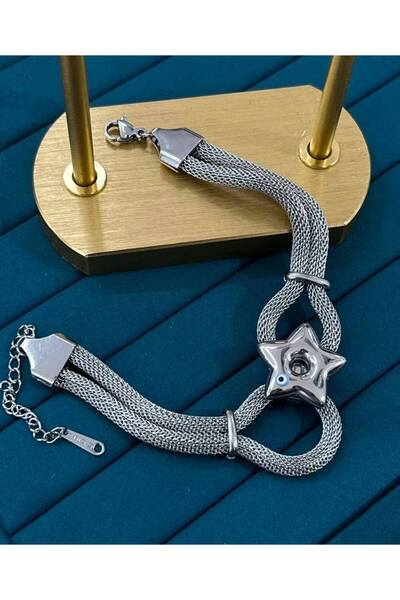 ESJ Paslanmaz Çelik Örgü Kordon Yıldız Detay Kadın Bileklik Ebat: 17+5 cm Gümüş