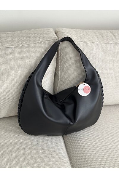 BAGLOVİS Big Casual Black Women's Shoulder Bag with Knitted Edges and Single Strap En43 Boy27