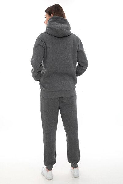 PHANTOM JEANS Σκούρο γκρι φλις κομψό γυναικείο σετ αθλητικής φόρμας με ελαστικό πόδι και τσέπες με κουκούλα Κεντημένο σετ με λεπτομέρειες