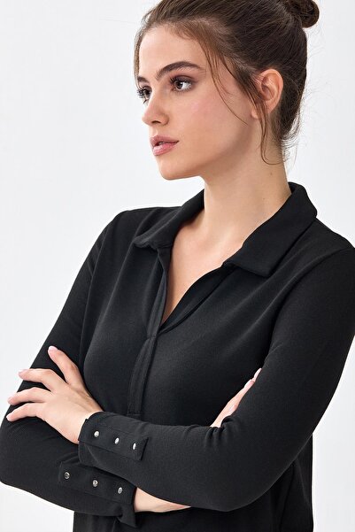 İKİLER Plus Size Shirt Collar Front Placket Long Sleeve Blouse