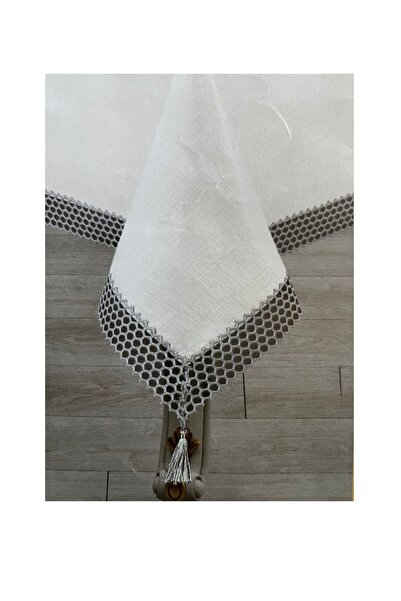 w white stars sports & wear Luxury Table Cloth - Stain Resistant - 160X220 cm Mesh Cream-Grey with Lace