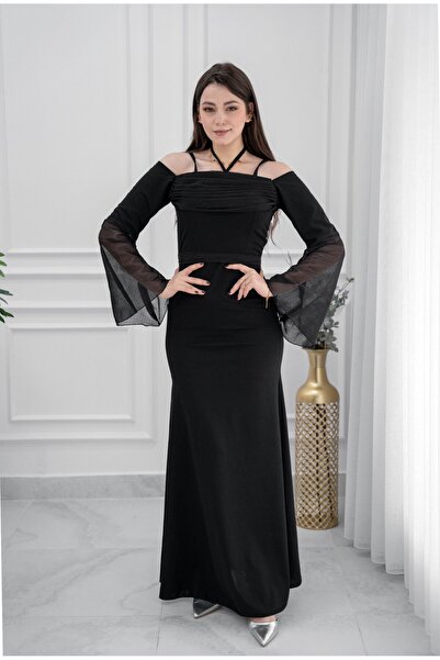TREN Elegant Black Evening Dress with Sheer Bell Sleeves Off Shoulder Maxi Gown for Women Formal Wear