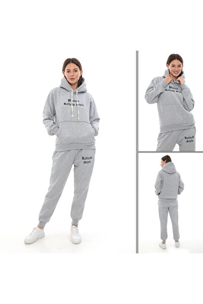 PHANTOM JEANS Gray Fleece Stylish Women's Tracksuit Set with Elasticated Legs and Pockets Hooded Embroidery Detail Compact Set