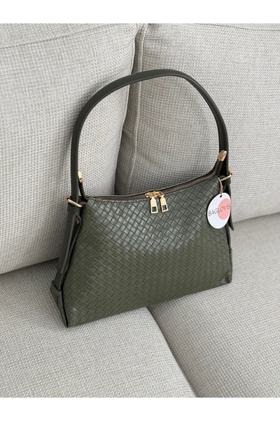BAGLOVİS Baguette Khaki Women's Shoulder Bag with Adjustable Strap and Knitted Pattern En30 Boy20