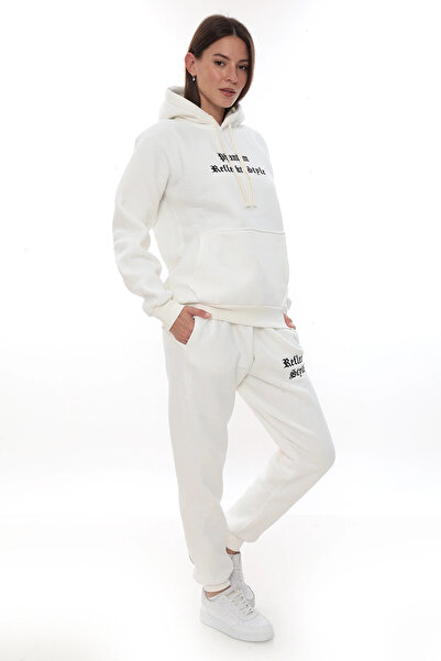 PHANTOM JEANS White Stylish Fleece Women's Tracksuit Set with Elasticated Legs and Pockets, Hooded Embroidery Details, Compact Set