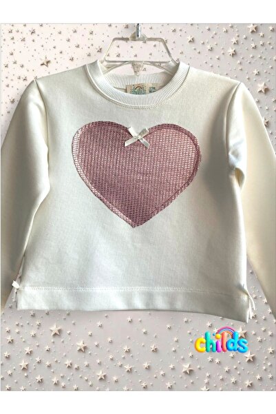 childs Long-Sleeved Winter Shardonsoz Heart and Bow Detailed Cotton Stretch Fabric Sweatshirt