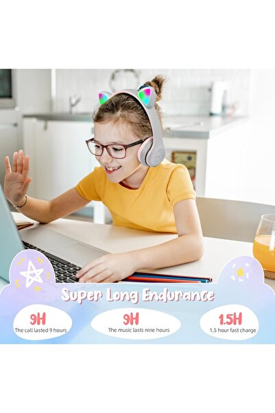 VALA V ALA Cat Ear Bluetooth Wireless Headphones for Kids - Over-Ear, LED Light, Mic (Grey)
