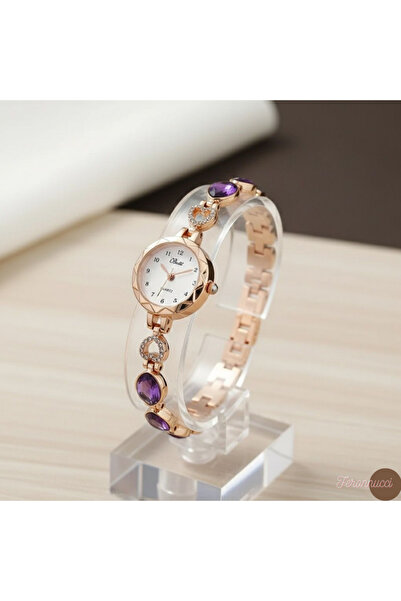 Feronnucci ساعة يد نسائية بسوار ذهبي وردي + هدية 650