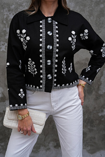 FancyWorld Black and White Floral Patterned Button Detail Design Shirt