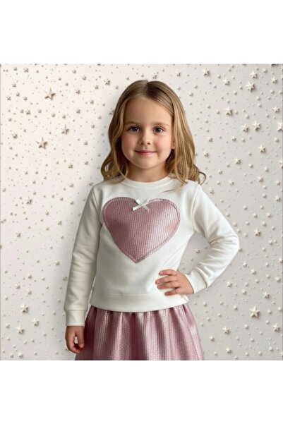 childs Long-Sleeved Winter Shardonsoz Heart and Bow Detailed Cotton Stretch Fabric Sweatshirt