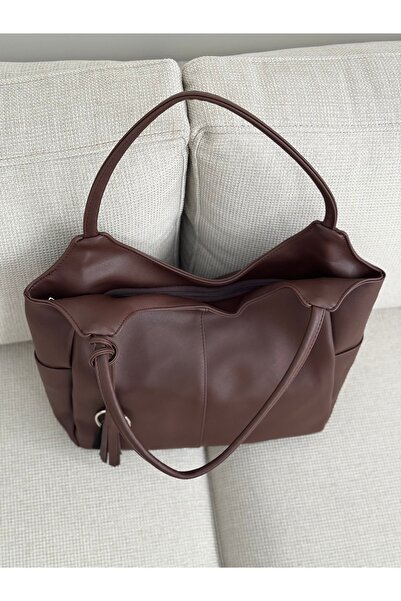 BAGLOVİS Large Size Brown Casual Women's Shoulder Bag with Ribbon and Tassel En45 Boy30
