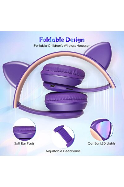VALA Bluetooth Cat Ear Kids Headphones P47 - Foldable LED Stereo Headset (Purple)