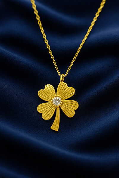 KAR DİAMOND 925 Ayar Gümüş Altın Kaplama Zirkon Taşlı Yonca Kolye - Sertifika...