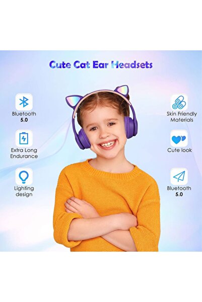 VALA Bluetooth Cat Ear Kids Headphones P47 - Foldable LED Stereo Headset (Purple)