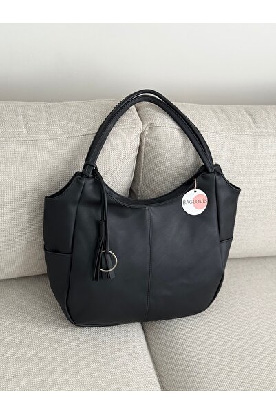 BAGLOVİS Large Size Black Casual Women's Shoulder Bag with Ribbon and Tassel En45 Boy30