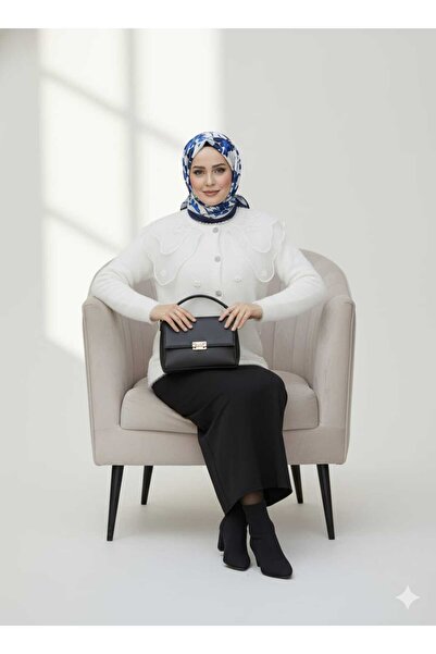 QUAWEAR Double Layer Lace Crew Neck Stone Metal Button Angora Cardigan with S...