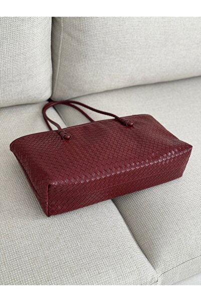 BAGLOVİS Classic Medium Size Knit Detail Burgundy Women's Shoulder Bag En40 Boy20