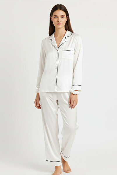 AYA mwp03-button-down-silk-pj-sets-with-free-scrunchie-white-طقم-بجامة-حرير-بيض-رابطة-شعر-فرية