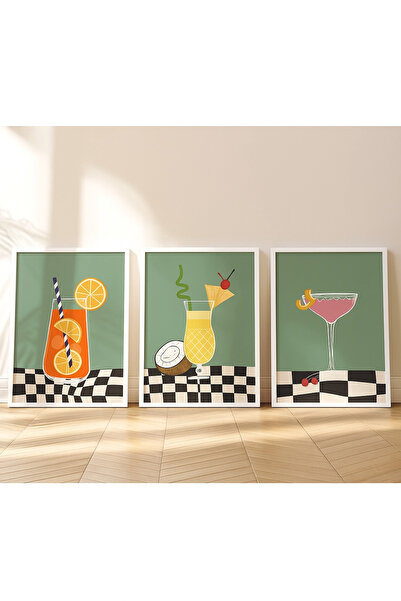 NT Handmade Laminated Framed Pvc Protected 3-Piece Cocktail Patterned Uv Printing Mdf Wall Painting Set