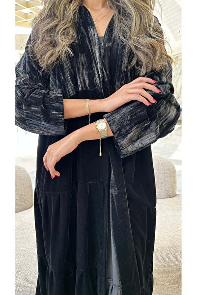 AYA عباية مخملية سوداء مع خياط بني