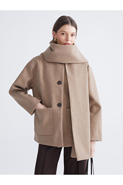 LC Waikiki Brown Detachable Shawl Collar Women's Cashmere Coat