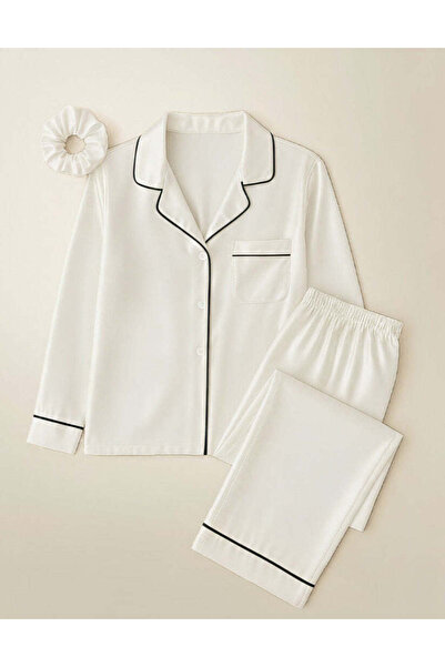 AYA mwp03-button-down-silk-pj-sets-with-free-scrunchie-white-طقم-بجامة-حرير-بيض-رابطة-شعر-فرية