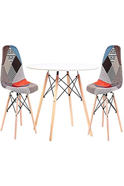 AWF AL WADI FURNITURE Sliko Eames 1 Round MDF Dining Table + 2 Patchwork Cushioned Chairs Dining Set - White