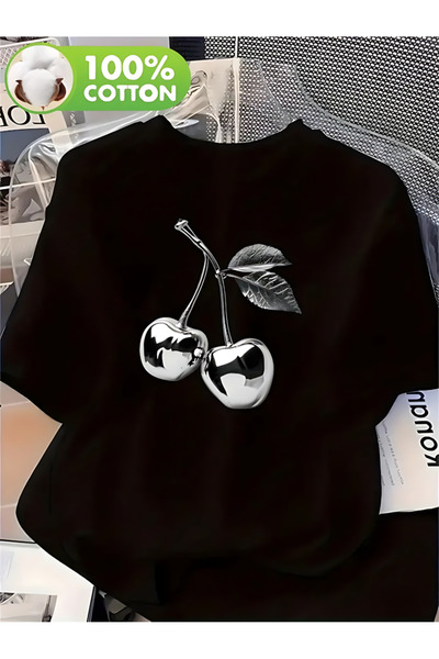 Printiva Unisex Oversize SILVER CHERRY Βαμβακερό T-SHIRT με στάμπα και κοντό ...