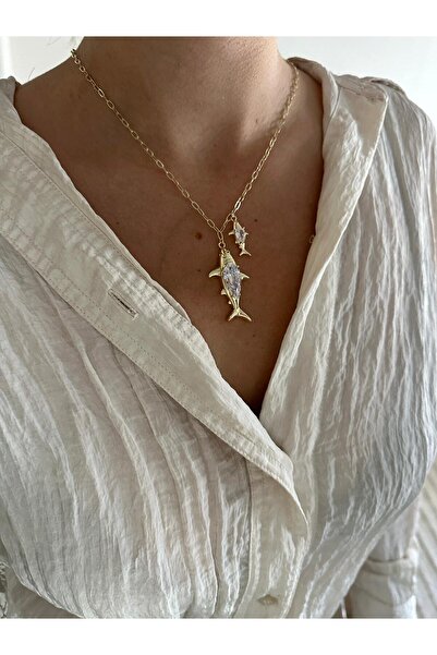 Charmist 14K Çelik Üzeri Altın Kaplama Kristal Taş İkili Balık Kolye