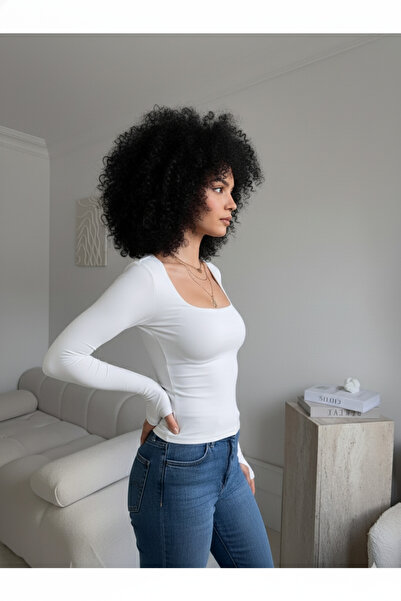 Boubon Co Ecru Women's U-Neck Long Sleeve Finger-Looped Ecru Women's Blouse