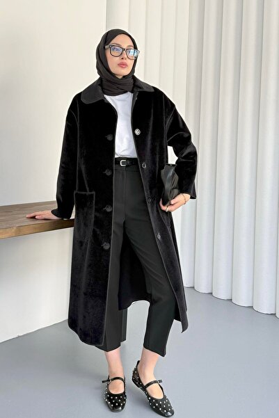 nizzell Women's Oversized Peter Pan collar Thai Feather Unlined Coat – Stylish Winter Model Black/Beige