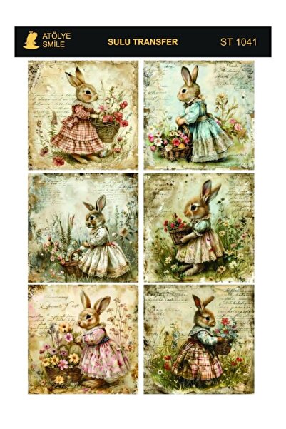 Atölye Smile ST1041 Vintage Tavşan Desenli Açık Zemin Sulu Transfer 25*35 cm