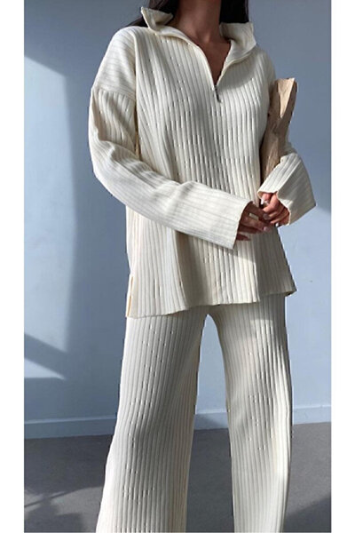 Cherry Butik Zippered Comfortable Fit Tunic Slit Pants Luxury Knitwear Set