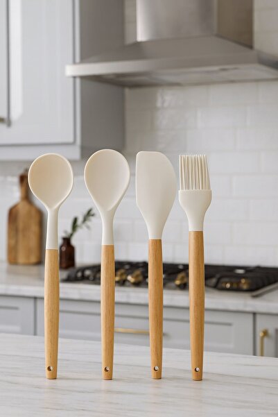 Pazarika Silikon Mutfak Aletleri Seti 4 Parça – Ahşap Saplı Spatula, Kaşık, K...