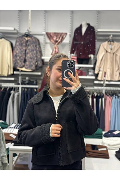 Oxion Kürklü Yaka Süet Görünümlü Kısa Mont