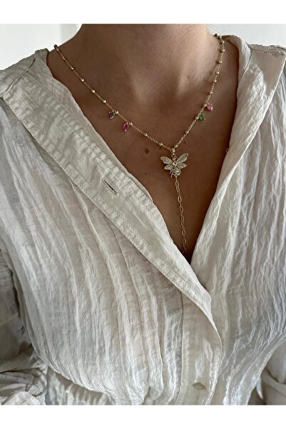 Charmist 14K Çelik Üzeri Altın Kaplama Renkli Zirkon Taş Kelebek Y Kolye