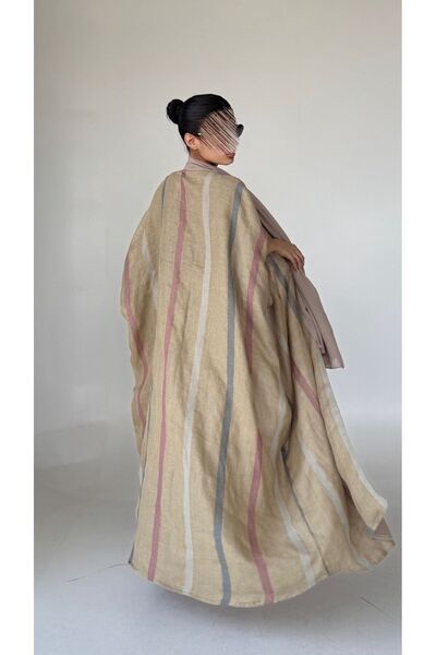 AYA mw1495-Linen-Beige-Striped-Lined-Chiffon-Half-Bisht