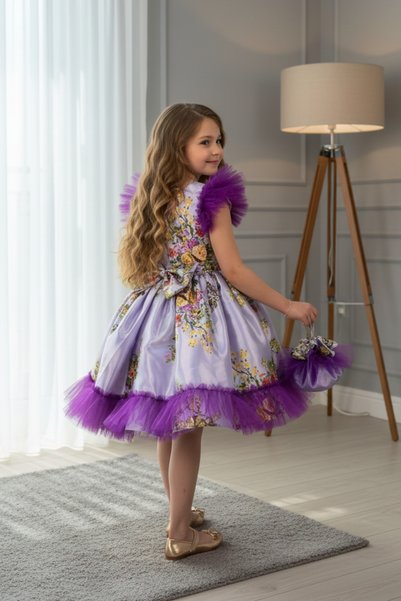 ABİYEKİDS Floral Print Satin Bagged Buckled Style Children's Evening Dress