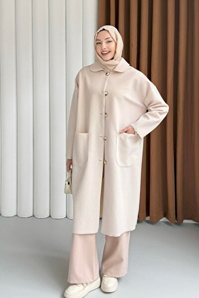 nizzell Women's Oversized Peter Pan collar Thai Feather Unlined Coat – Stylish Winter Model Black/Beige