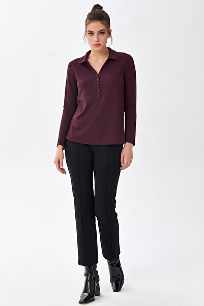 İKİLER Plus Size Button Front Shirt Collar Blouse