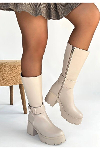 ALFA AKSESUAR 03 Moki Beige Leather Heeled Boots