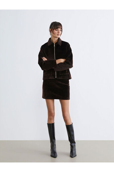 LC Waikiki Brown Zippered Mini Fur Skirt