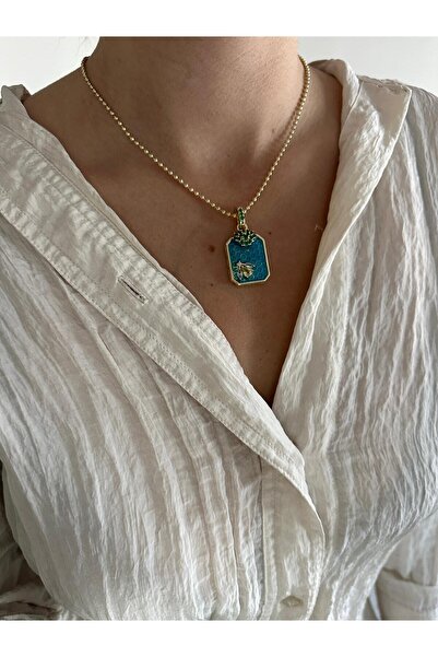 Charmist 14K Çelik Üzeri Altın Kaplama Mineli Mavi Arı Kolye