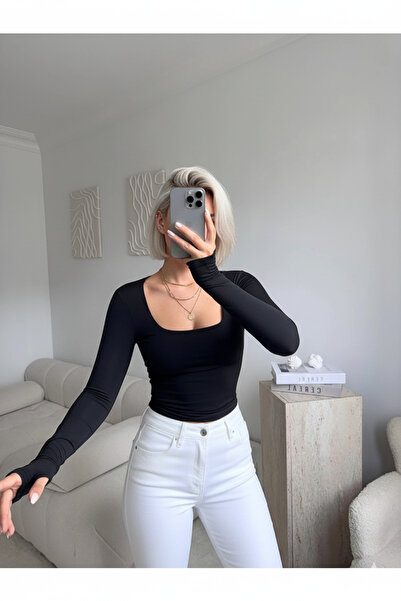 Boubon Co Black Women's U-Neck Long Sleeve Finger-Looped Black Women's Blouse